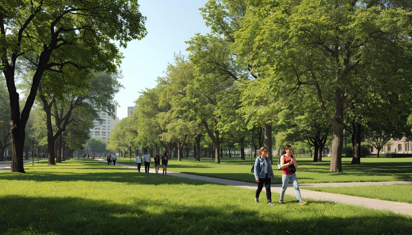 Group of people enjoying a mindful walk in a green urban park